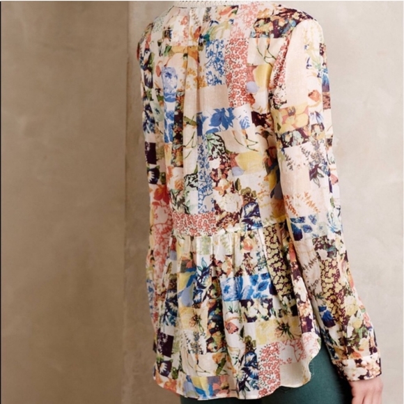 Anthro Maeve Floral Crochet Trim Babydoll Blouse 6 - Picture 2 of 8